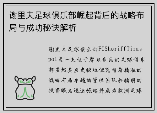 谢里夫足球俱乐部崛起背后的战略布局与成功秘诀解析 谢里夫足球俱乐部崛起背后的战略布局与成功秘诀解析