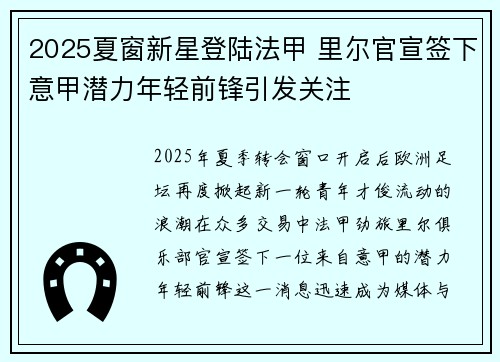 2025夏窗新星登陆法甲 里尔官宣签下意甲潜力年轻前锋引发关注