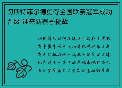 切斯特菲尔德勇夺全国联赛冠军成功晋级 迎来新赛季挑战 切斯特菲尔德勇夺全国联赛冠军成功晋级 迎来新赛季挑战