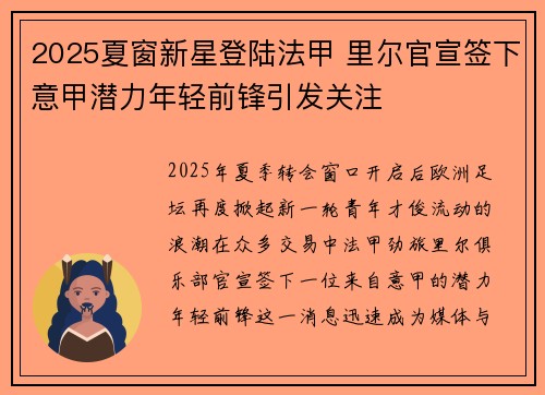 2025夏窗新星登陆法甲 里尔官宣签下意甲潜力年轻前锋引发关注 2025夏窗新星登陆法甲 里尔官宣签下意甲潜力年轻前锋引发关注